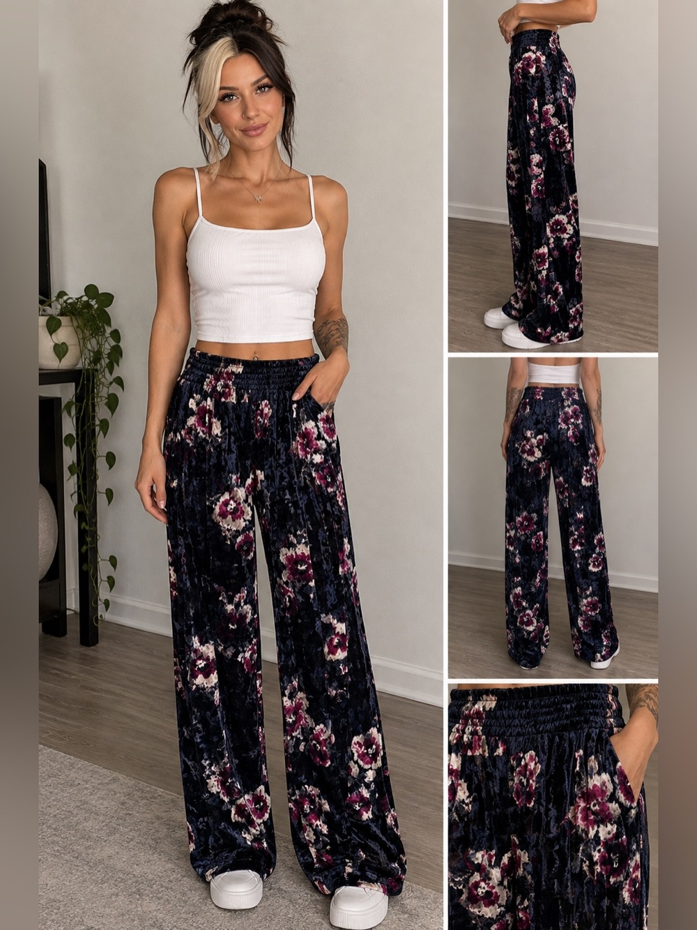 Indigo Rein Black Velvet Wide-Leg Pants with Berry Floral Print